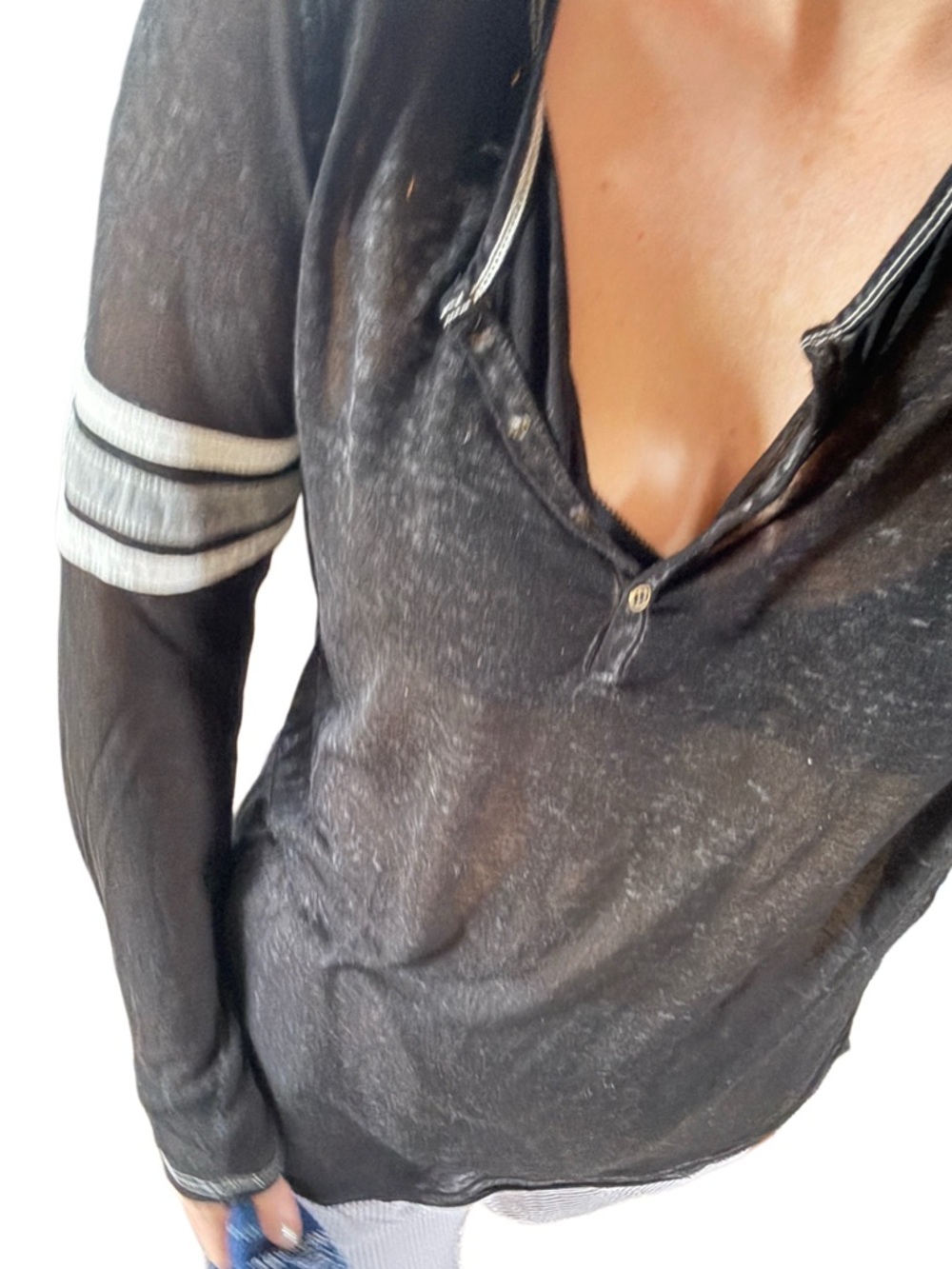 Black burnout Long-Sleeve Henley with buttons and white Sleeve Stripes Sz large